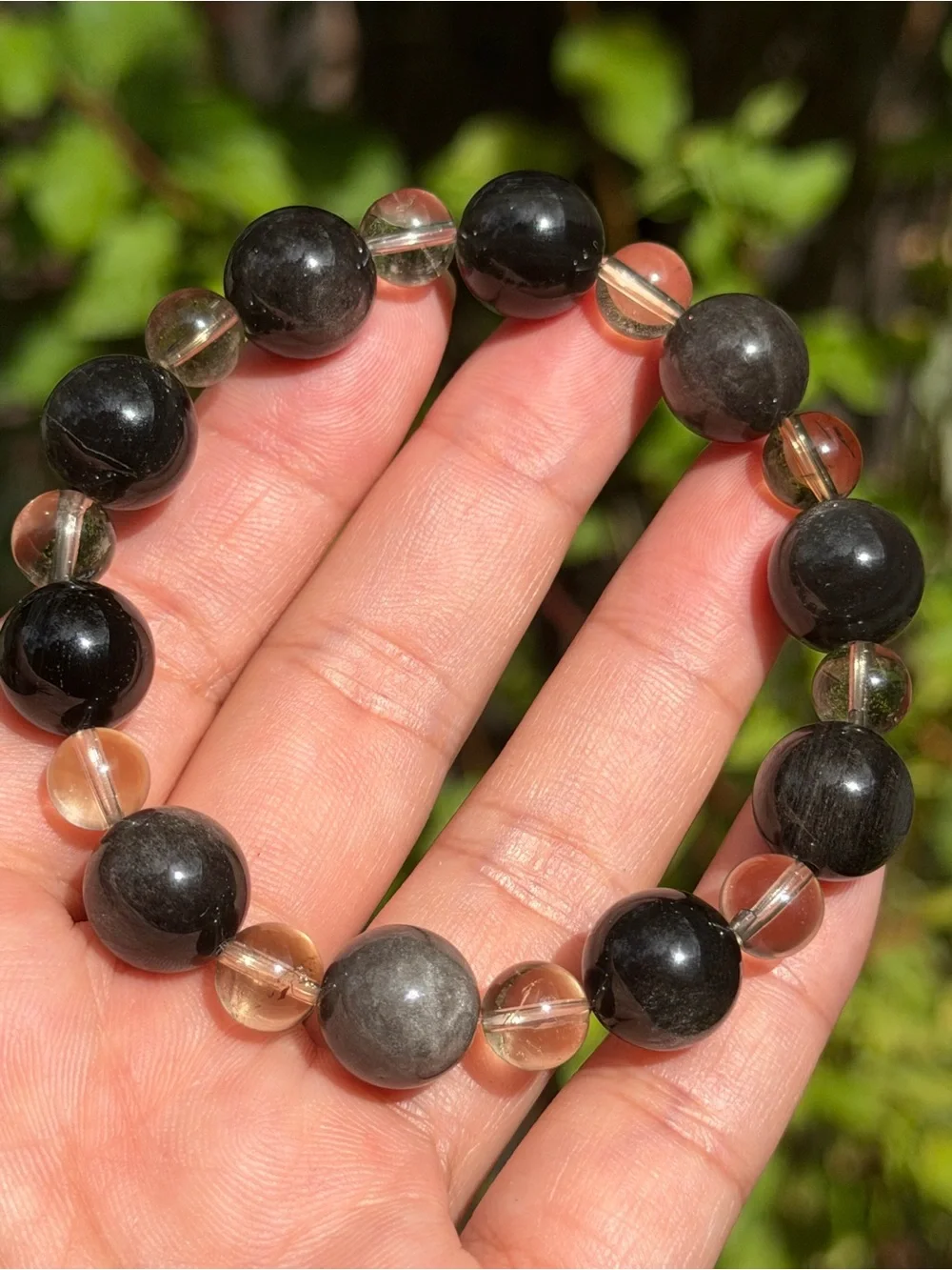 12mm Silver Obsidian Smoky Quartz Stretch Bracelet 2328